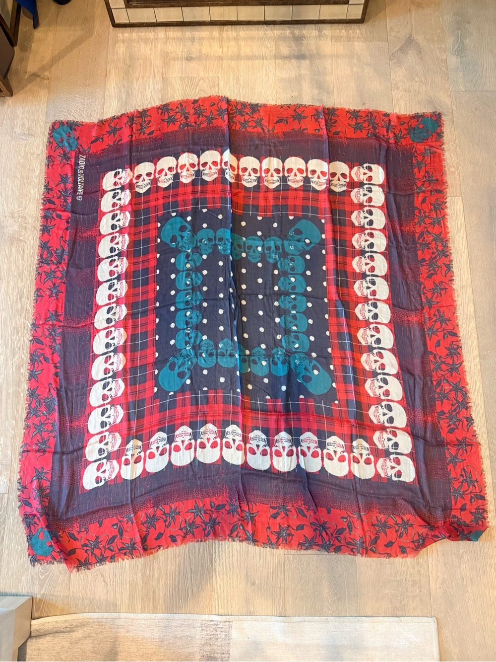 Zadig & Voltaire Red and Blue Skull Plaid Decorative Throw